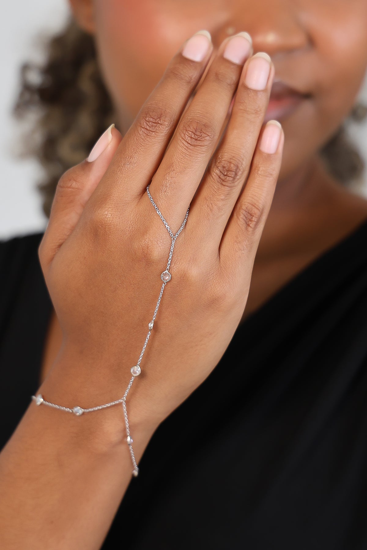 "Cable Link" Hand Chain - 14k White Gold with CZ