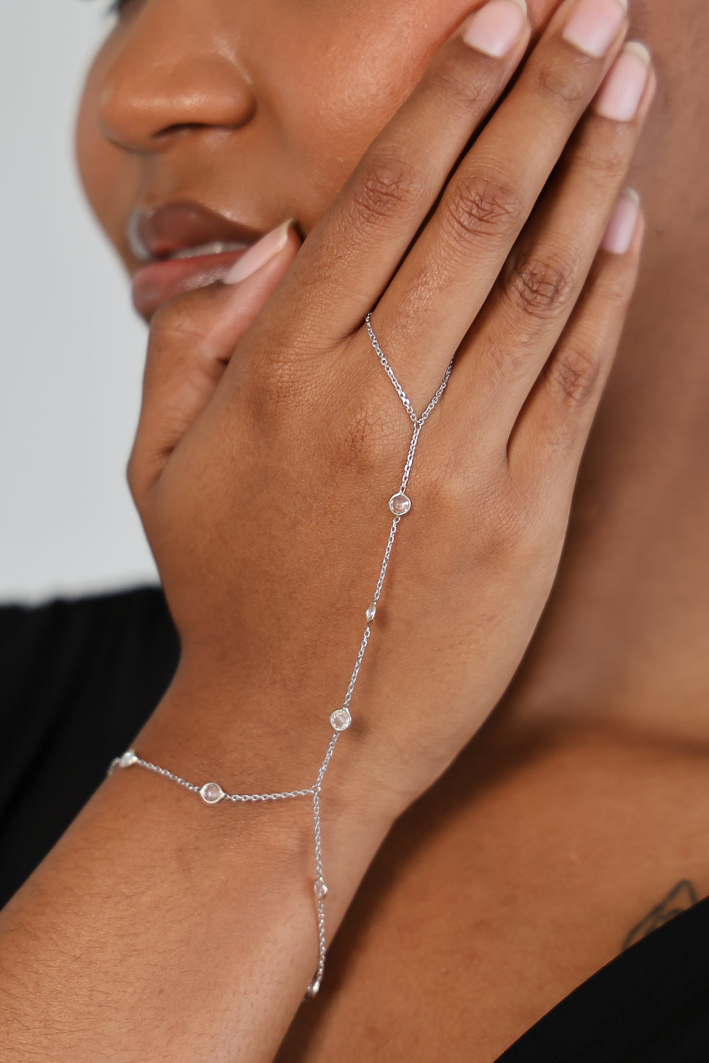 "Cable Link" Hand Chain - 14k White Gold with CZ