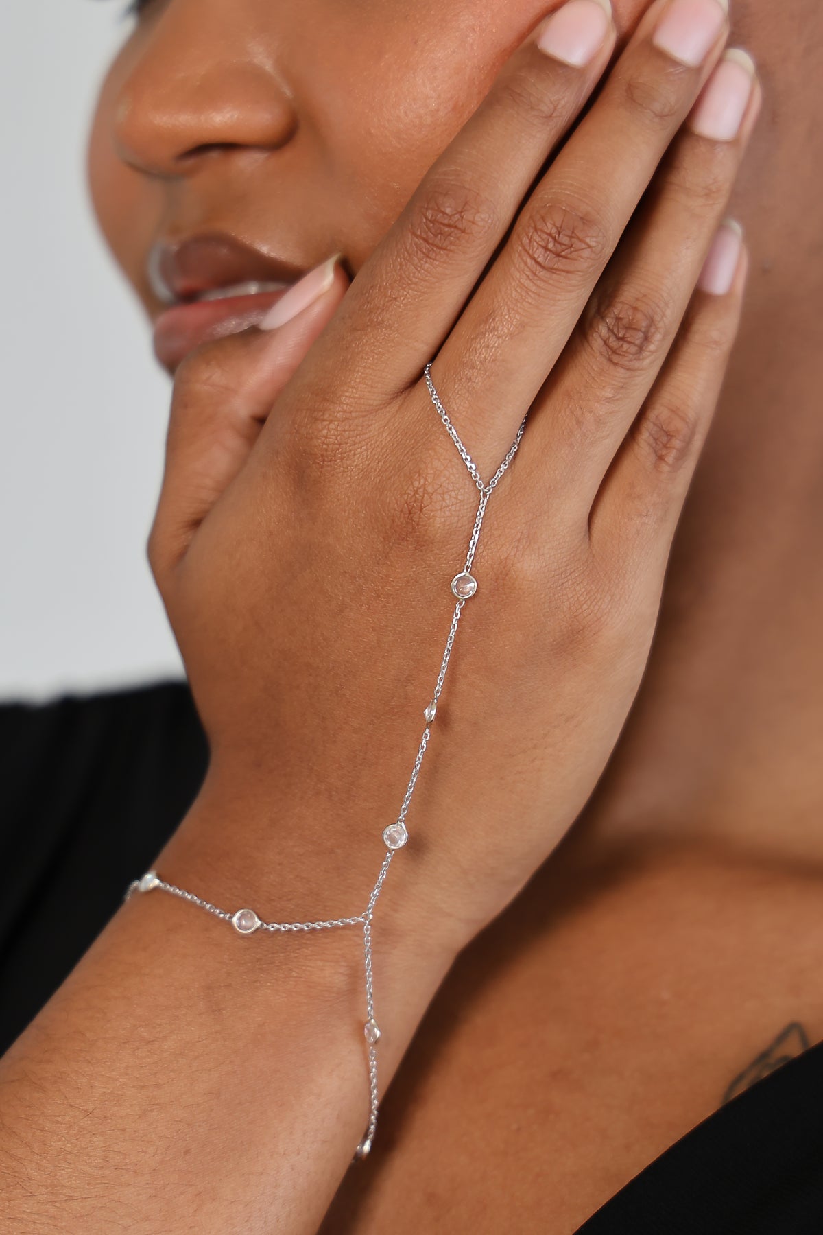 "Cable Link" Hand Chain - 14k White Gold with CZ