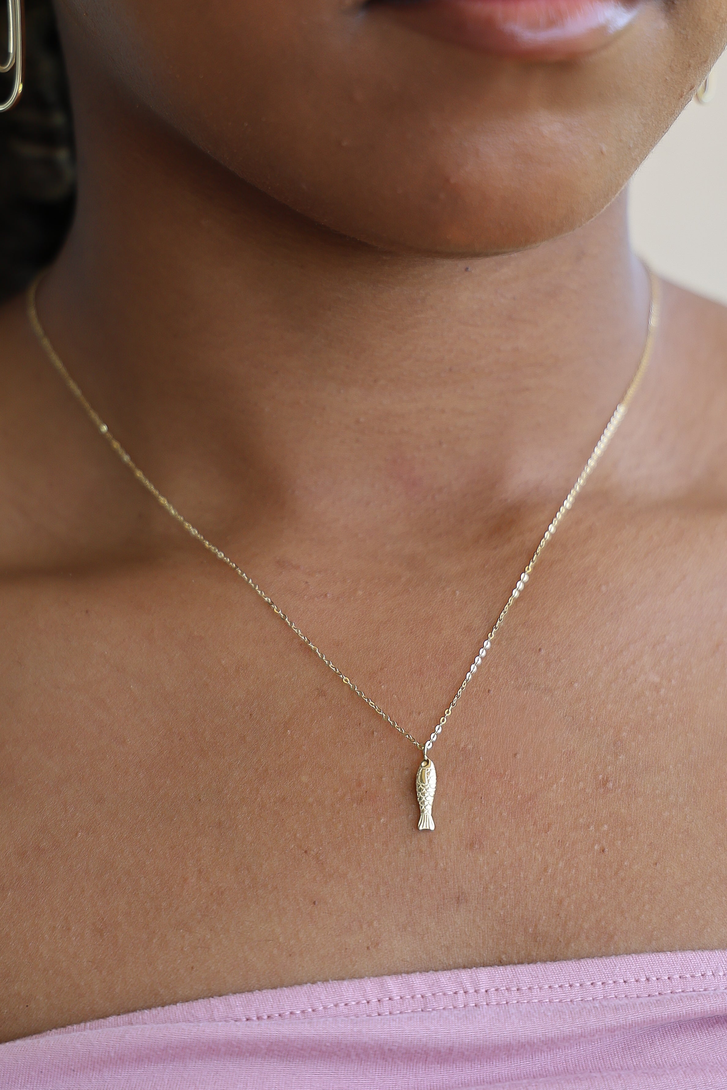 Fish Pendant Necklace - 14K Solid Yellow Gold