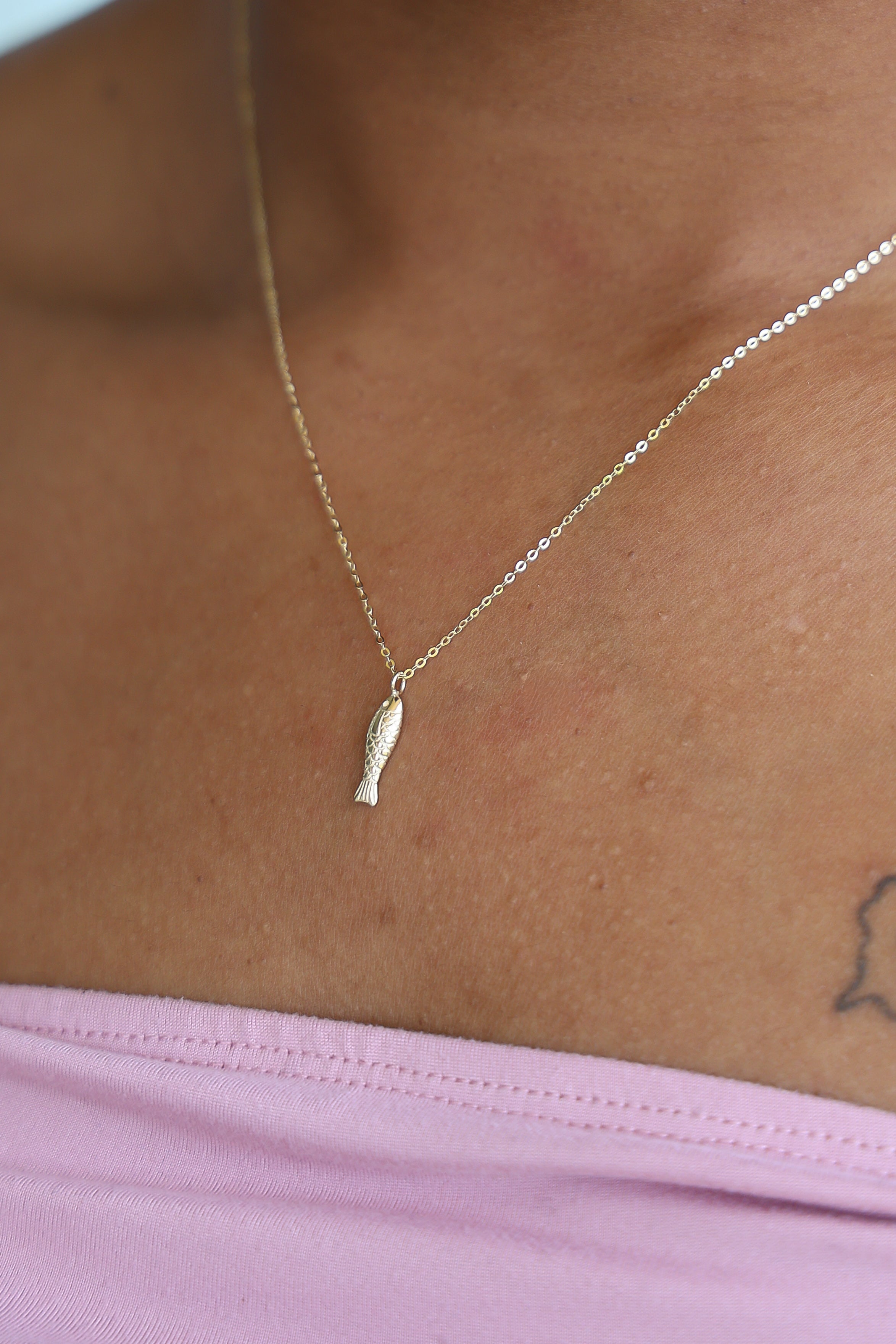 Fish Pendant Necklace - 14K Solid Yellow Gold