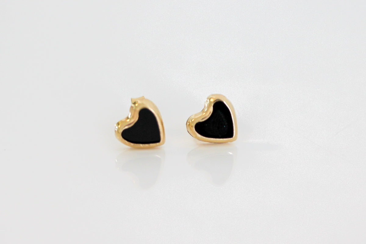 "Black Onyx Heart" Stud Earrings – 14K Gold