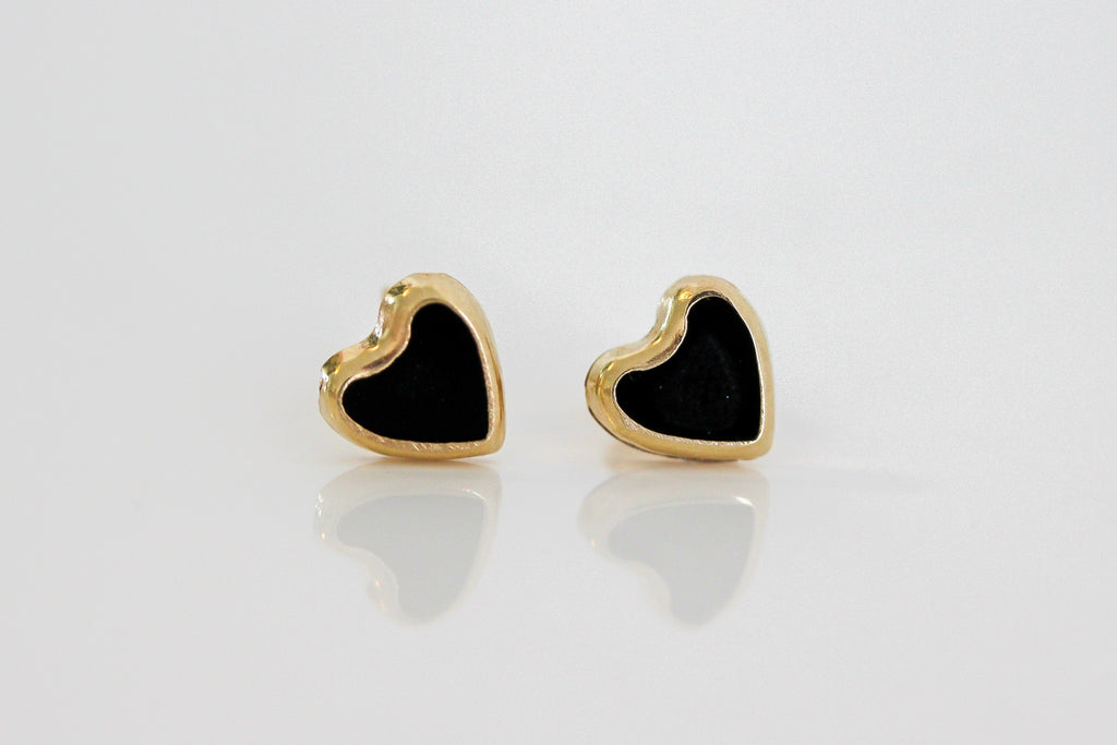 "Black Onyx Heart" Stud Earrings – 14K Gold