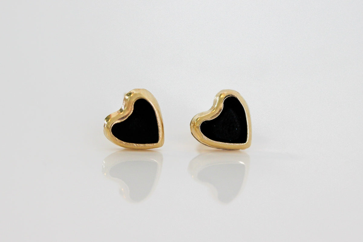 "Black Onyx Heart" Stud Earrings – 14K Gold