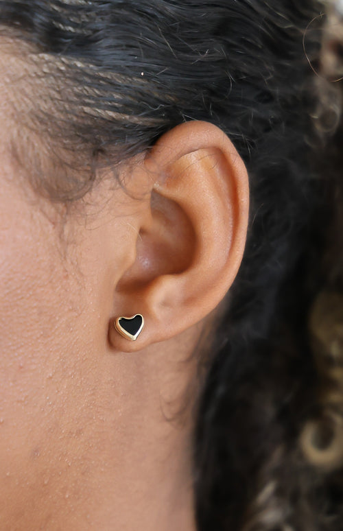 "Black Onyx Heart" Stud Earrings – 14K Gold