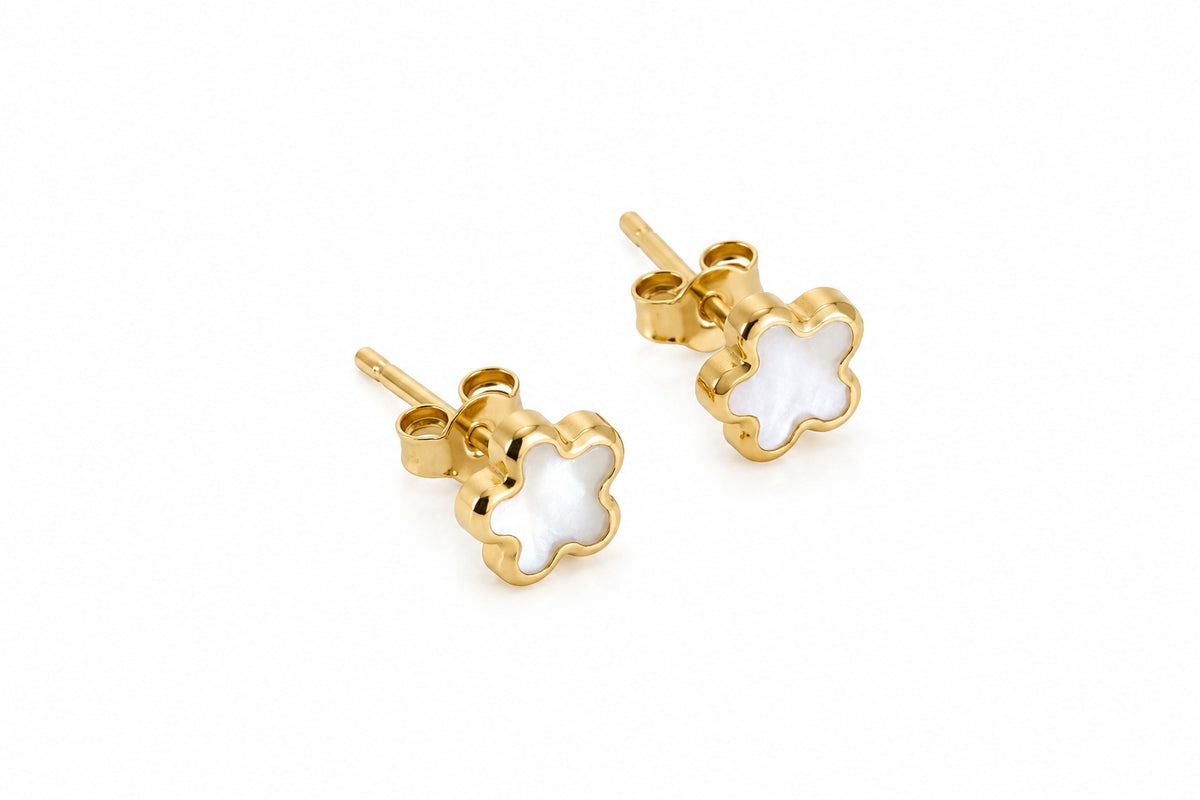 "Mother-of-Pearl Clover" Stud Earrings - 14K Gold