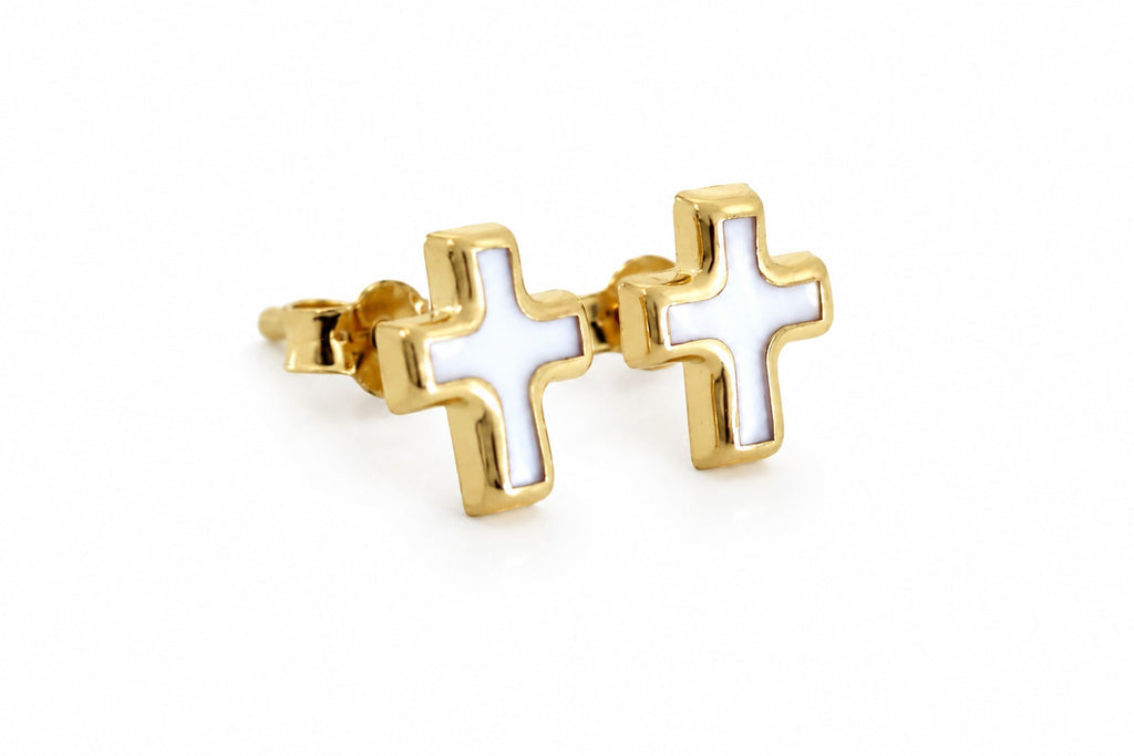 "Mother-of-Pearl Cross" Studs - 14K Solid Gold