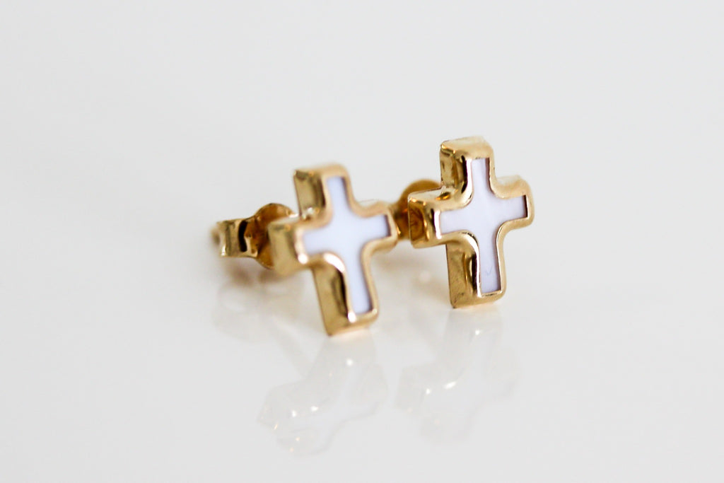 "Mother-of-Pearl Cross" Studs - 14K Solid Gold