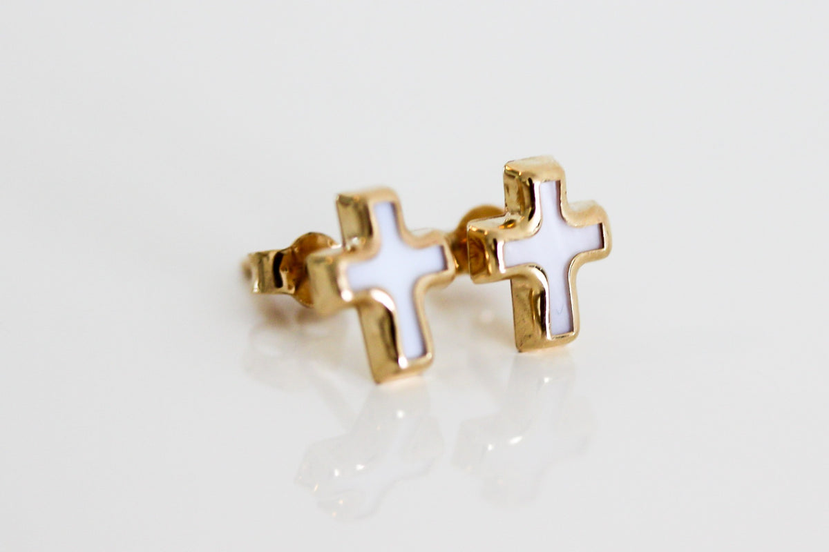 "Mother-of-Pearl Cross" Studs - 14K Solid Gold
