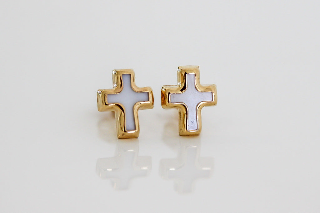 "Mother-of-Pearl Cross" Studs - 14K Solid Gold