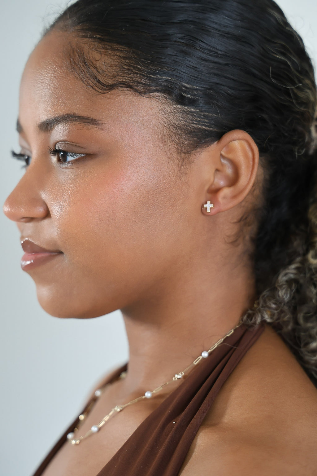 "Mother-of-Pearl Cross" Studs - 14K Solid Gold