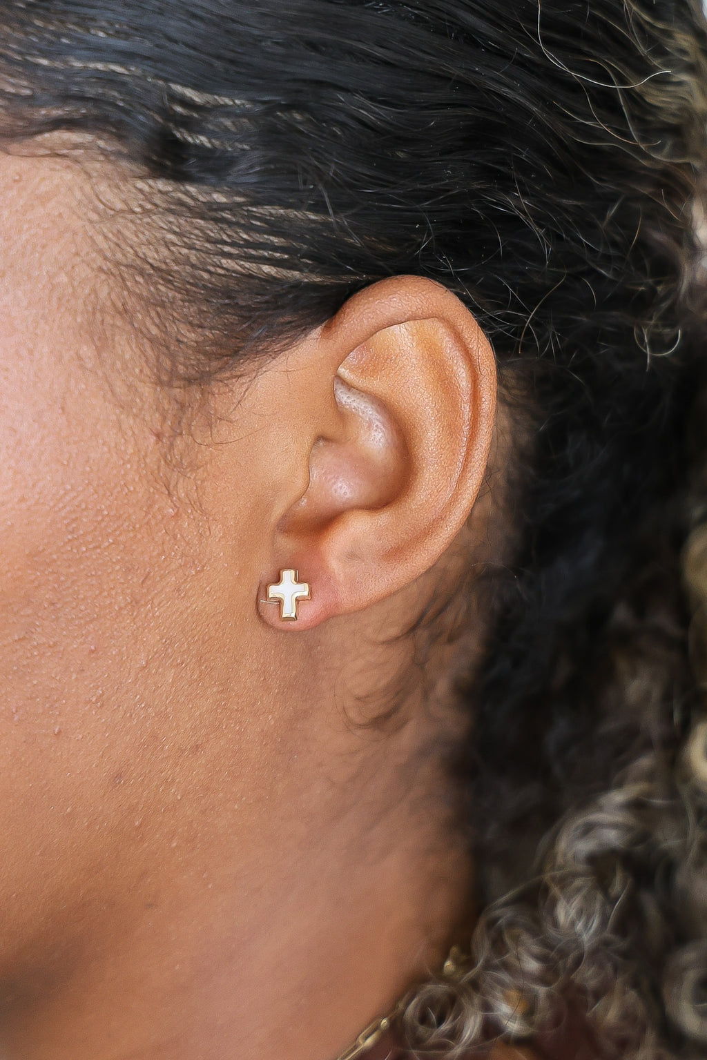 "Mother-of-Pearl Cross" Studs - 14K Solid Gold