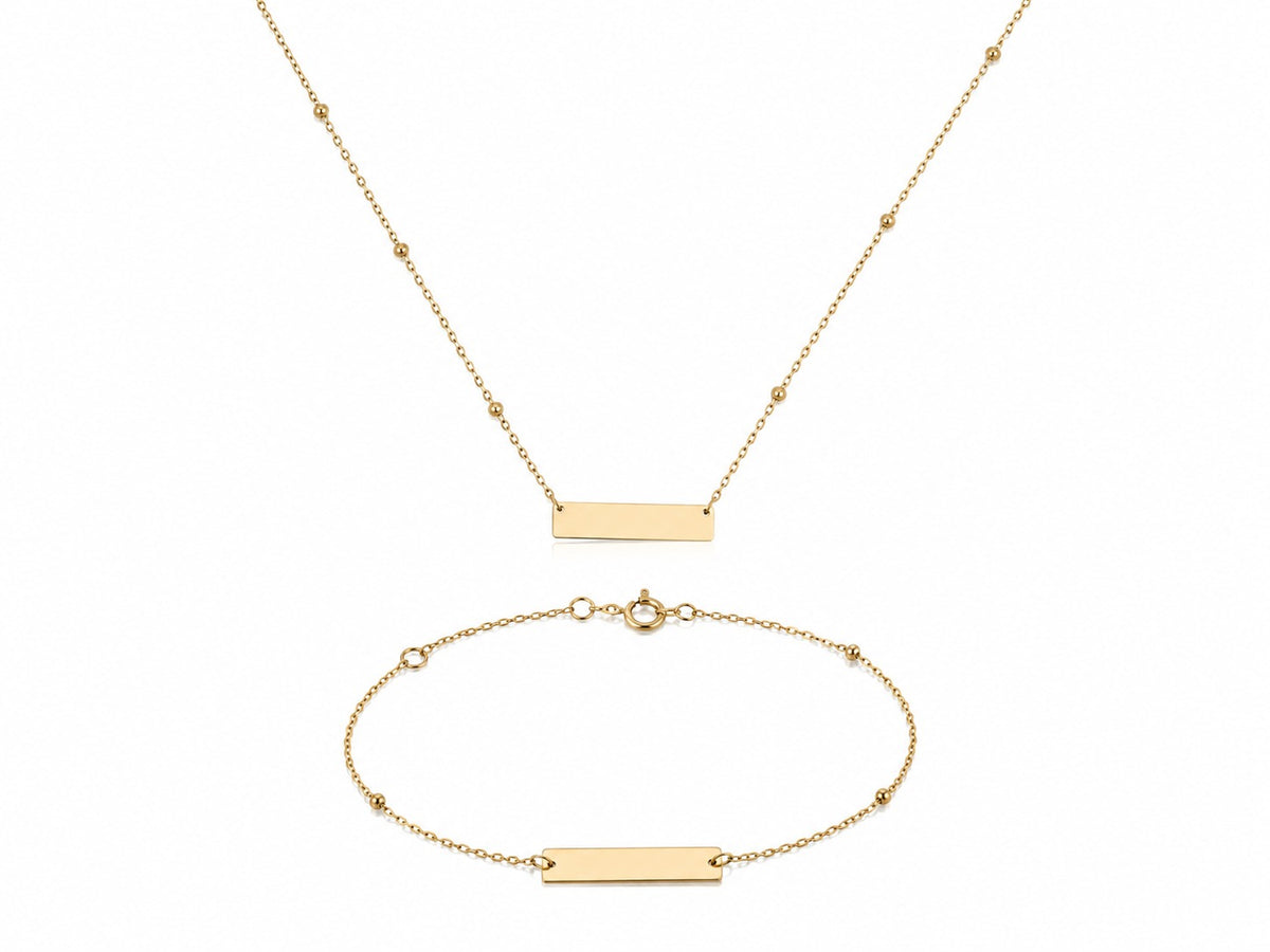 "Name Plate" Necklace & Bracelet Set - 14K Solid Gold