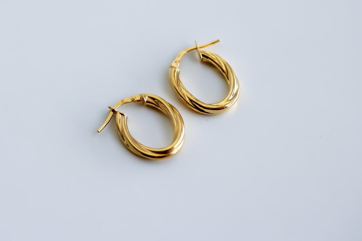 "Twisted Oval" Hoop Earrings - 14k Solid Yellow Gold
