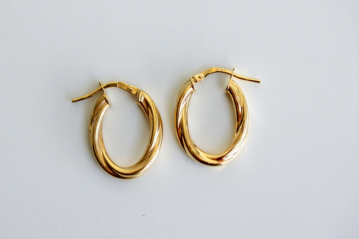 "Twisted Oval" Hoop Earrings - 14k Solid Yellow Gold