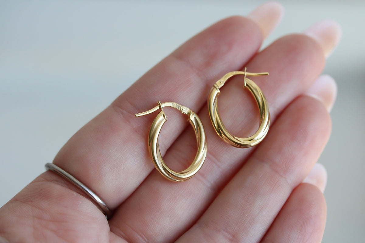 "Twisted Oval" Hoop Earrings - 14k Solid Yellow Gold