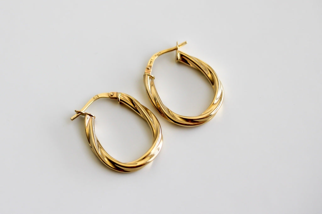 "Twisted Oval" Hoop Earrings - 14k Solid Yellow Gold