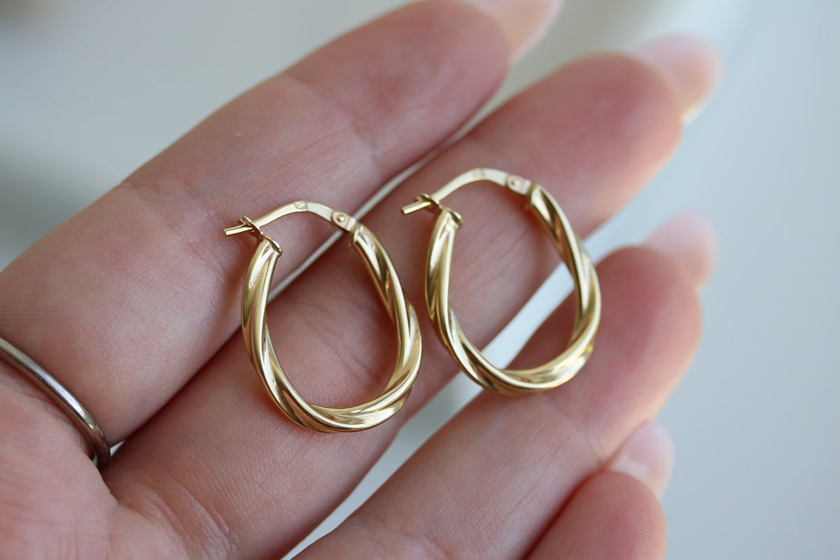 "Twisted Oval" Hoop Earrings - 14k Solid Yellow Gold