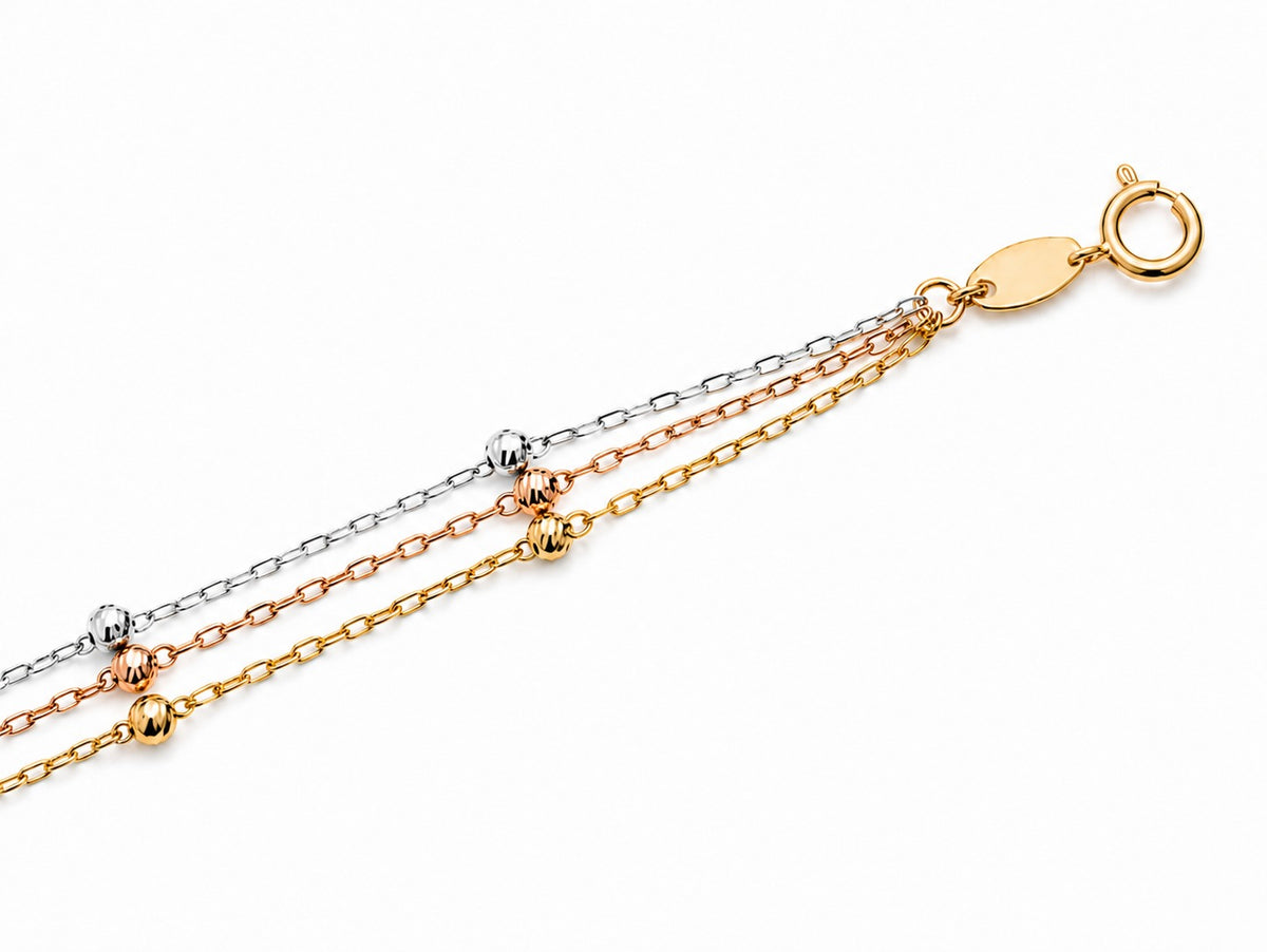 "Tri-Color Ball Bead" Anklet - 14k Gold