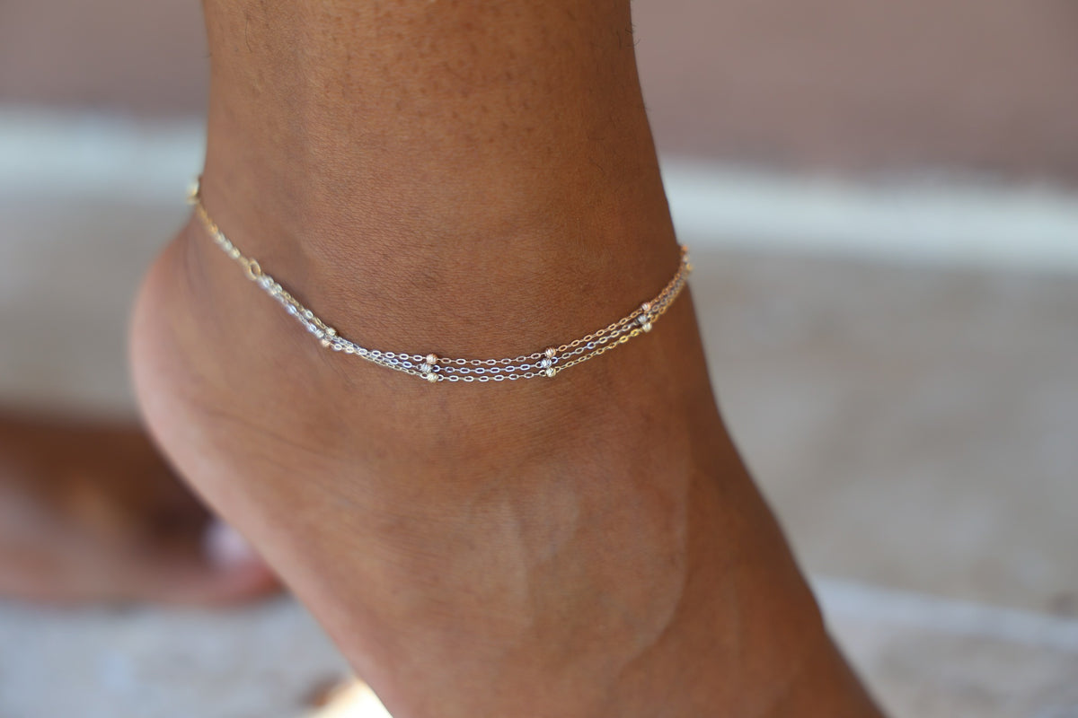 "Tri-Color Ball Bead" Anklet - 14k Gold