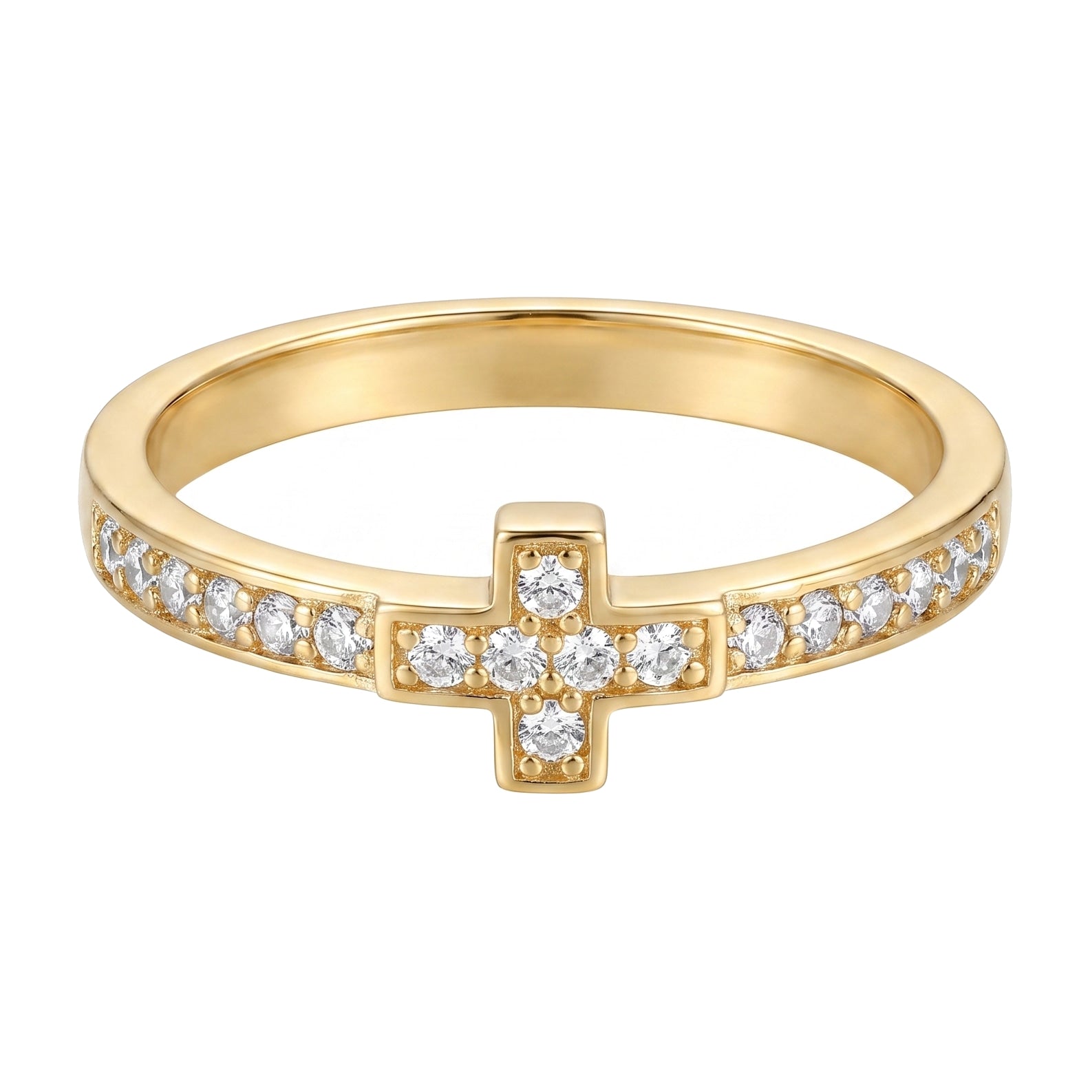 10k solid gold CZ short cross ring on white background