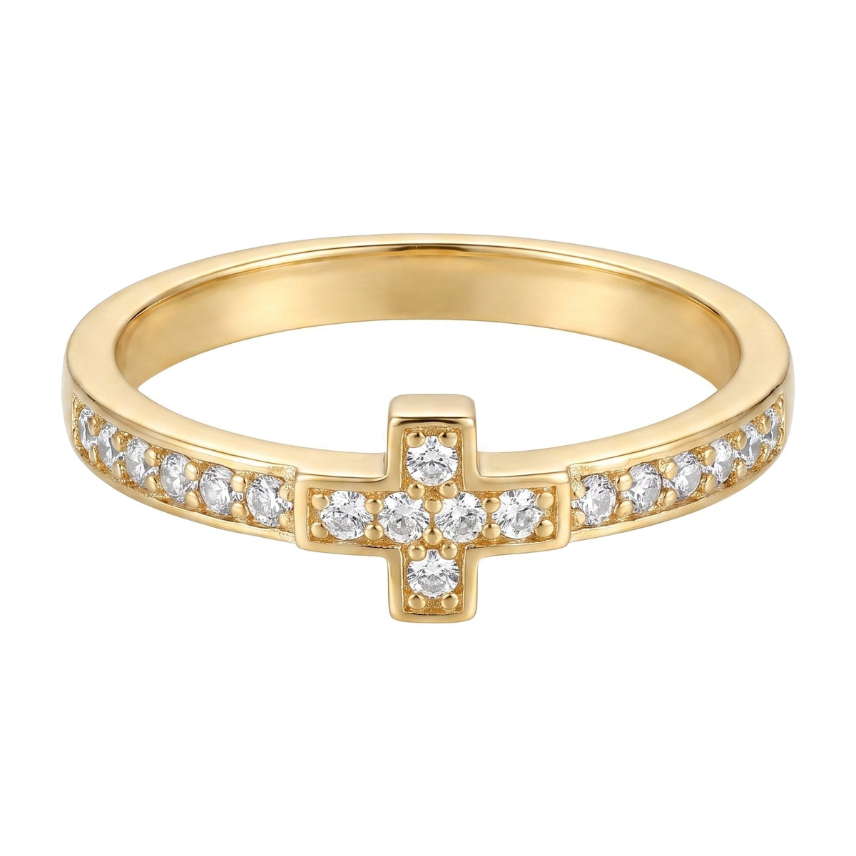 10k solid gold CZ short cross ring on white background