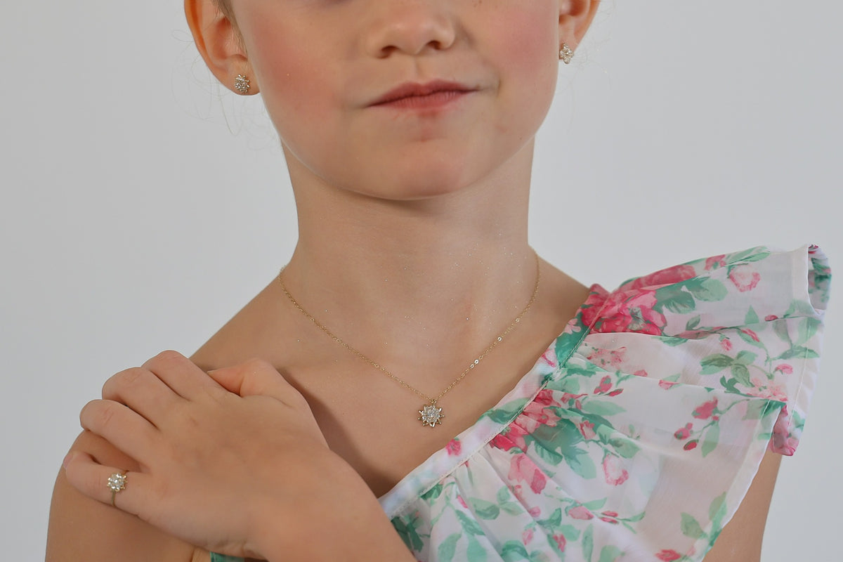 "CZ Daisy Flower" Jewelry Set - 14k Solid Gold