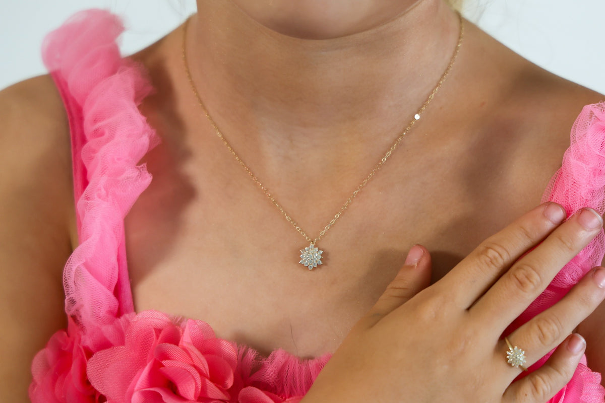 "Flower CZ" Jewelry Set - 14k Solid Yellow Gold