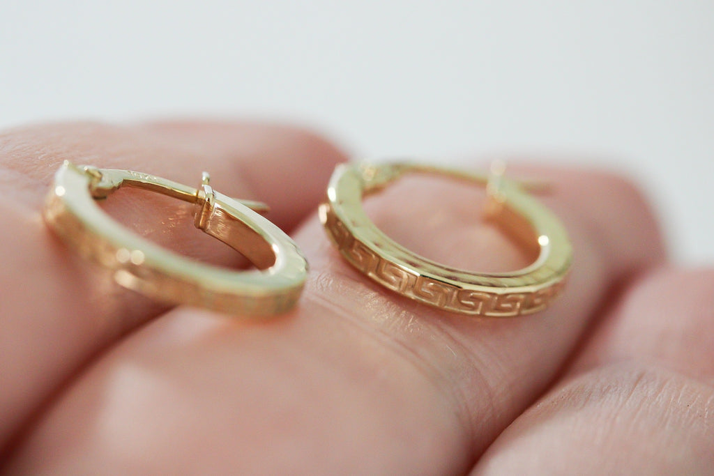"Greek Key" Hoop Earrings - 10k Gold