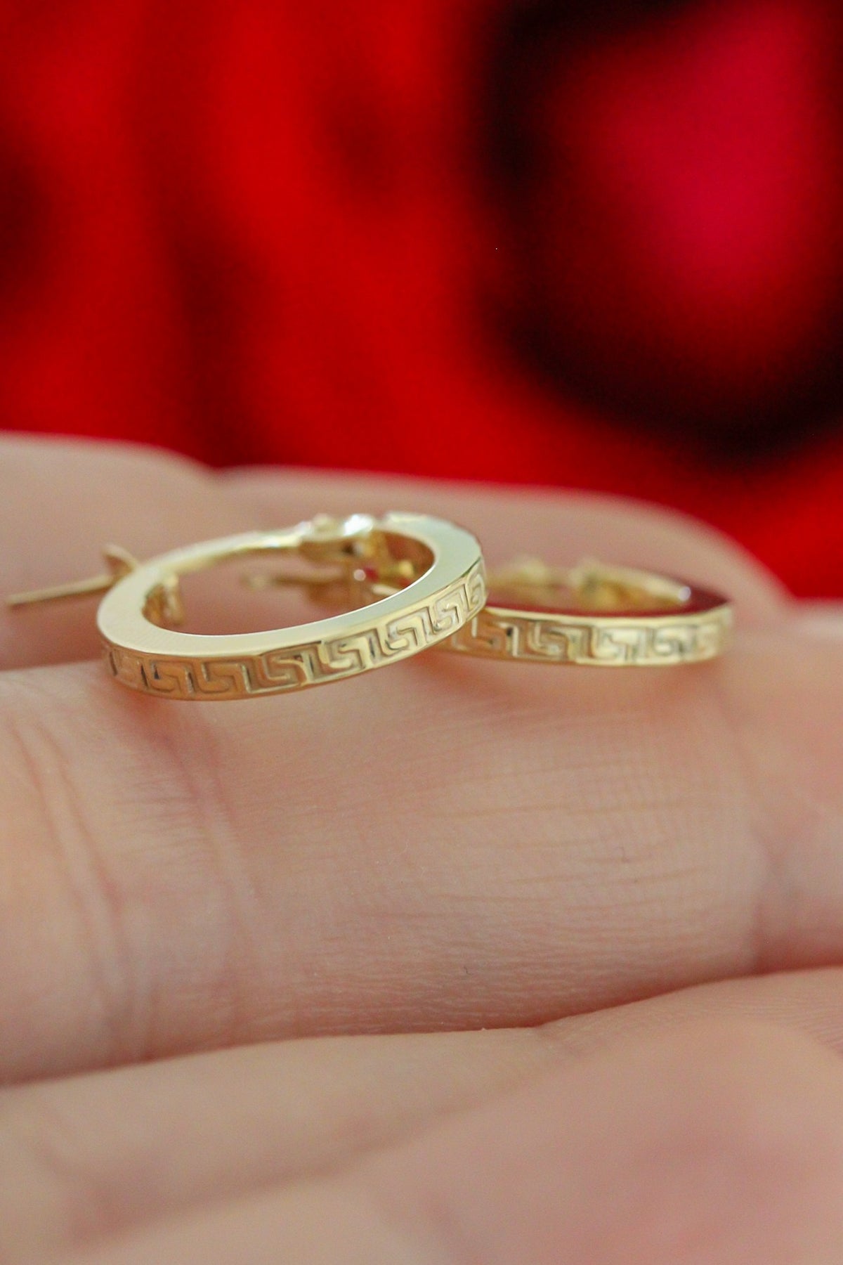 "Greek Key" Round Hoop Earrings - 10k Yellow Gold