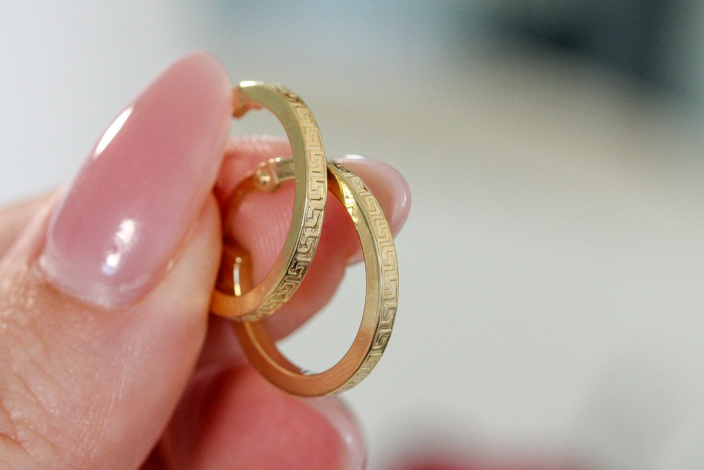 "Greek Key" Round Hoop Earrings - 10k Yellow Gold