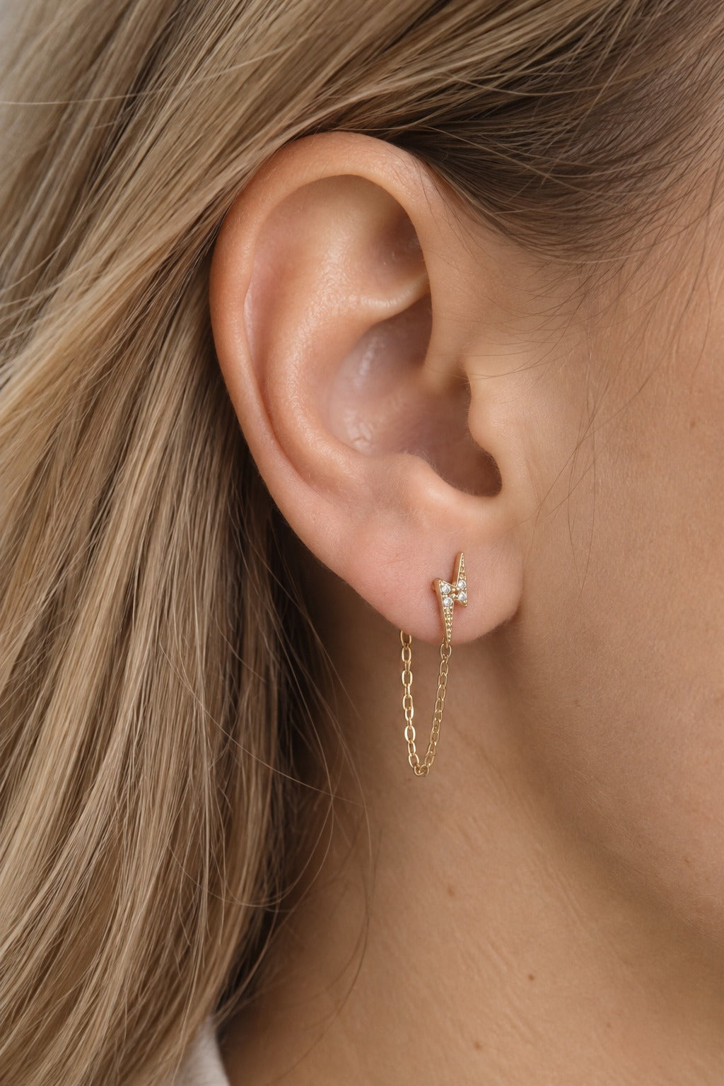 "Lightning Bolt" CZ Stud Chain Earrings - 14k Yellow Gold