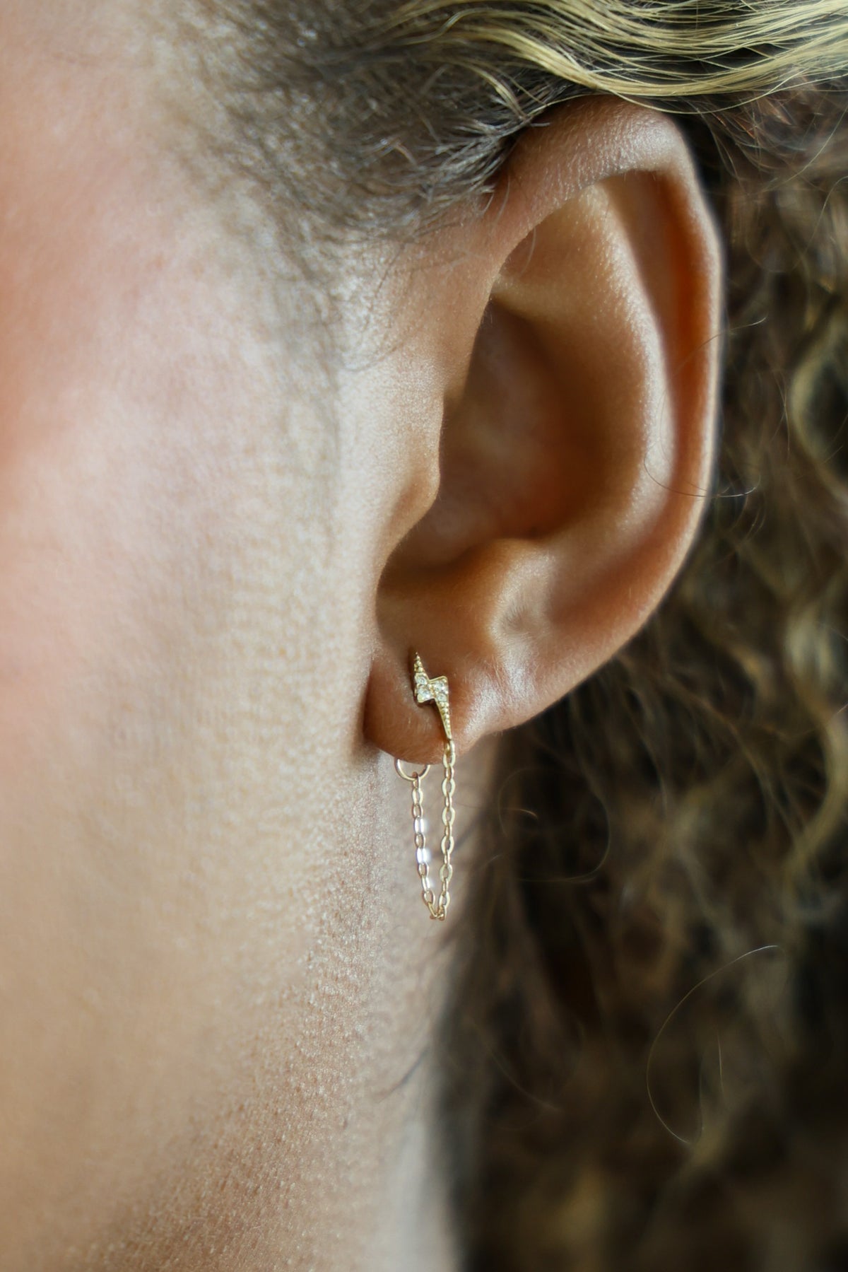 "Lightning Bolt" CZ Stud Chain Earrings - 14k Yellow Gold