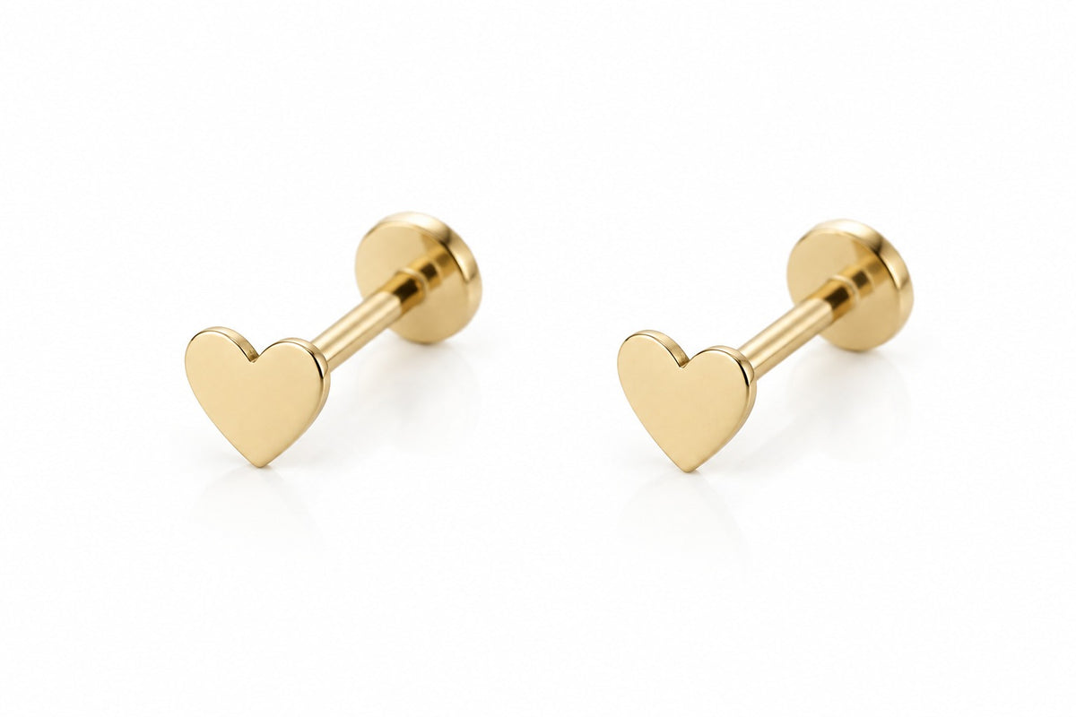 "Flat Heart" Piercing Stud - 14k Solid Gold