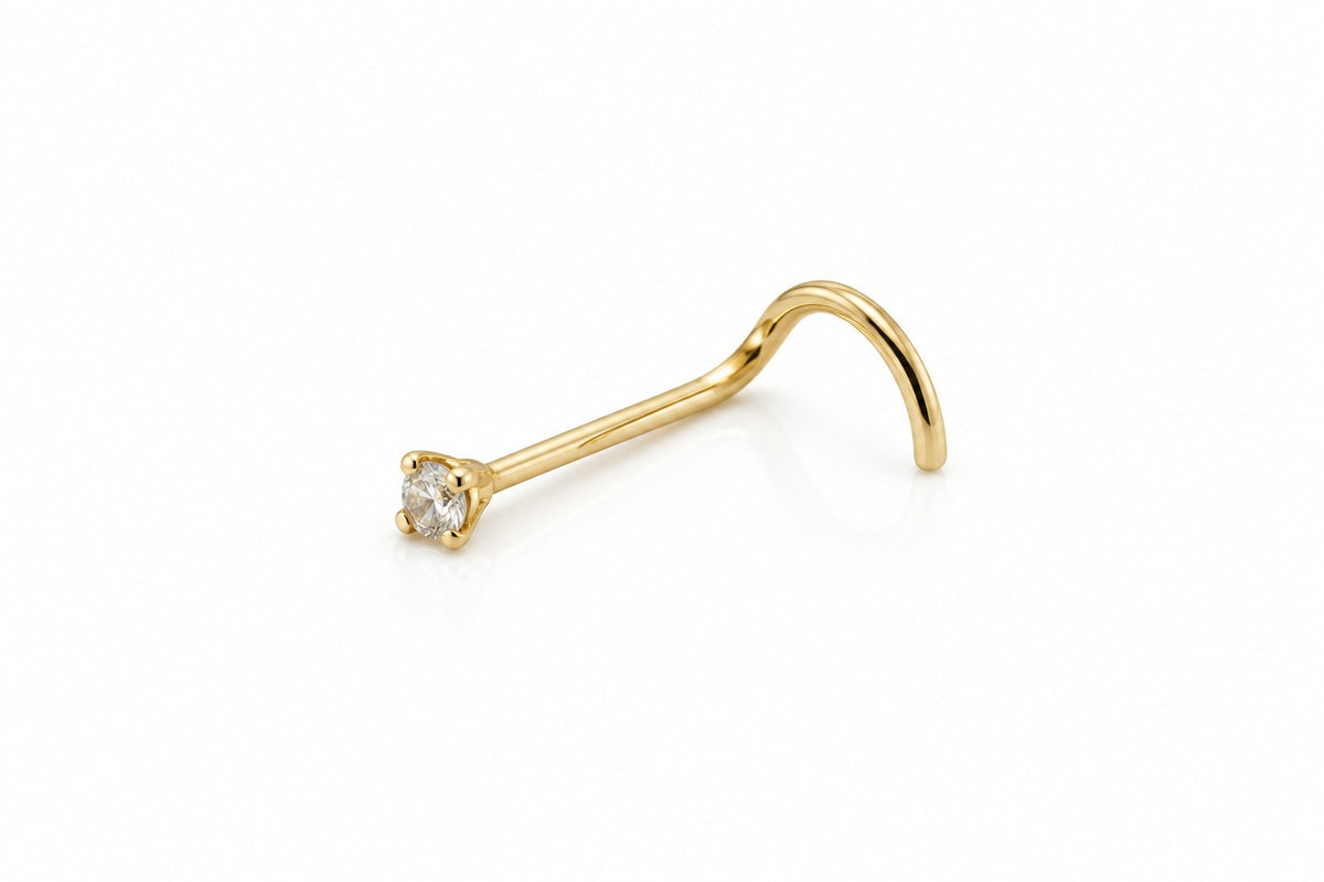 "L-Curve CZ" Nose Ring - 14k Yellow Gold