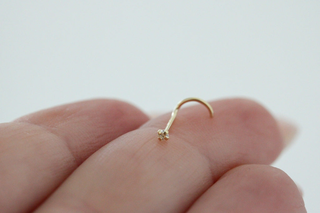 "L-Curve CZ" Nose Ring - 14k Yellow Gold