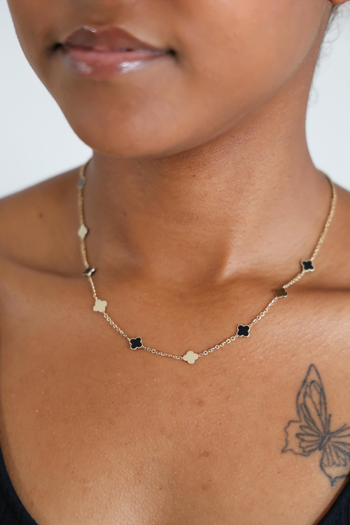 "Black Enamel Clover" Necklace - 14k Solid Gold