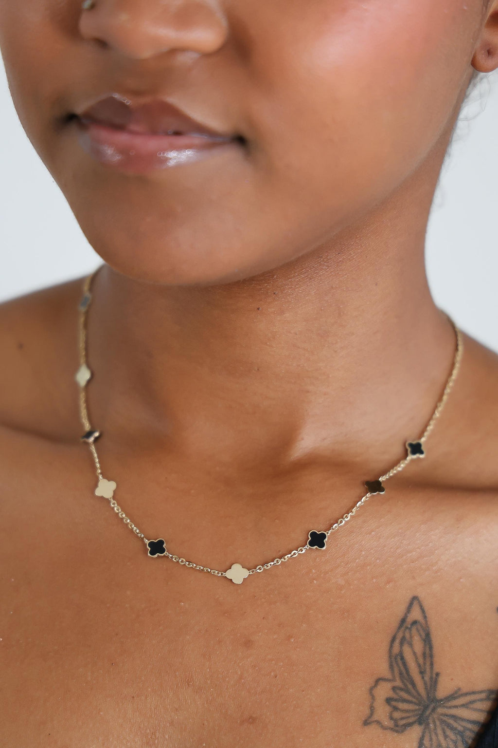 "Black Enamel Clover" Necklace - 14k Solid Gold