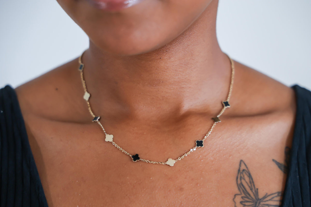 "Black Enamel Clover" Necklace - 14k Solid Gold