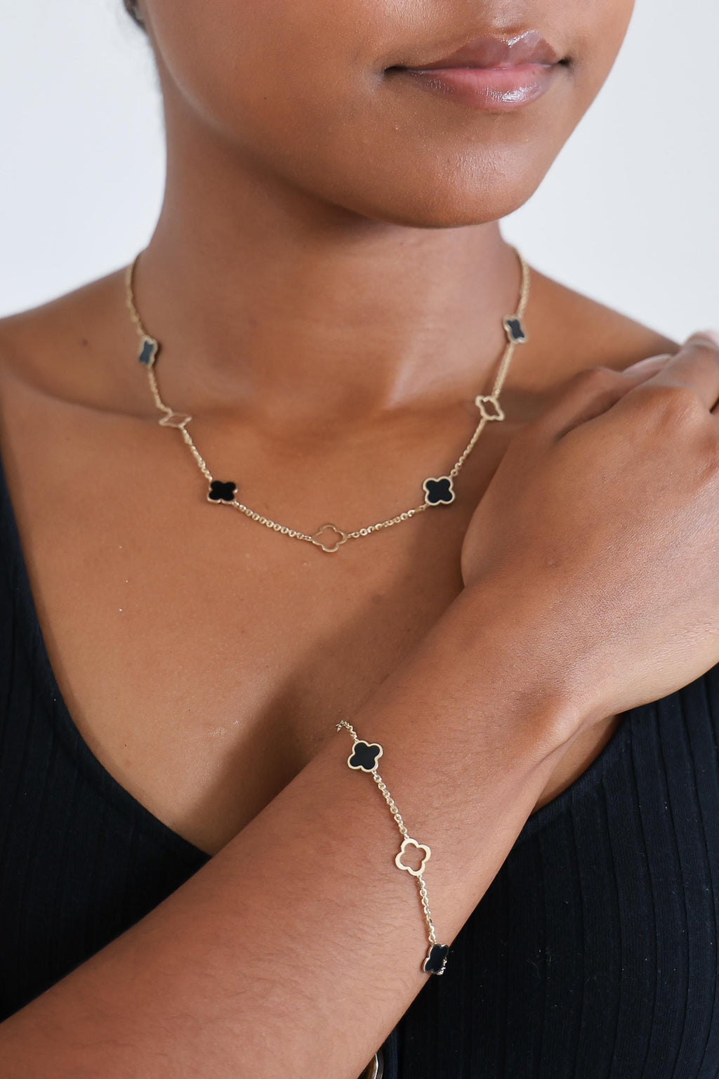 "Black Enamel Clover" Necklace - 14k Solid Gold