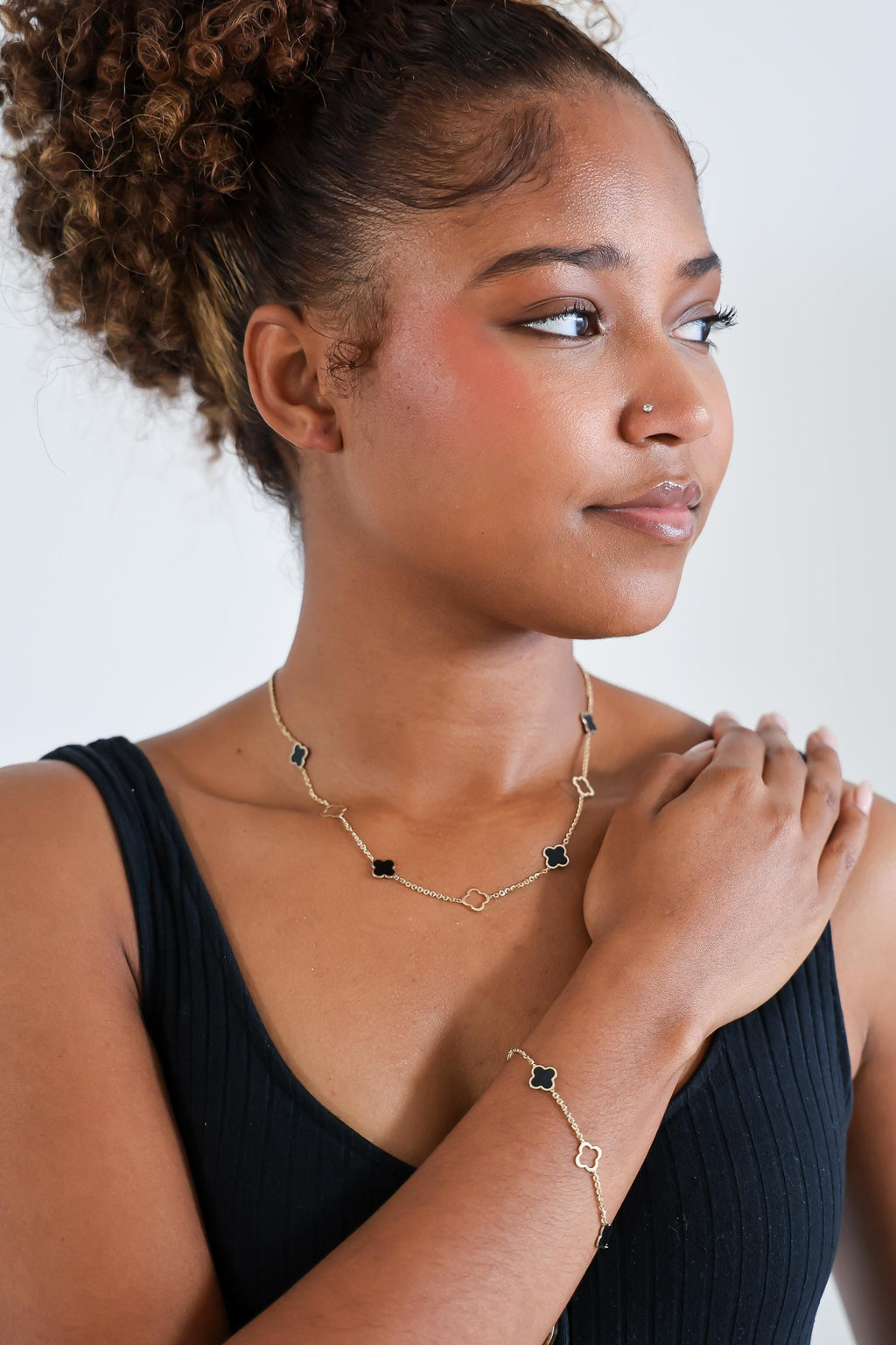 "Black Enamel Clover" Necklace - 14k Solid Gold