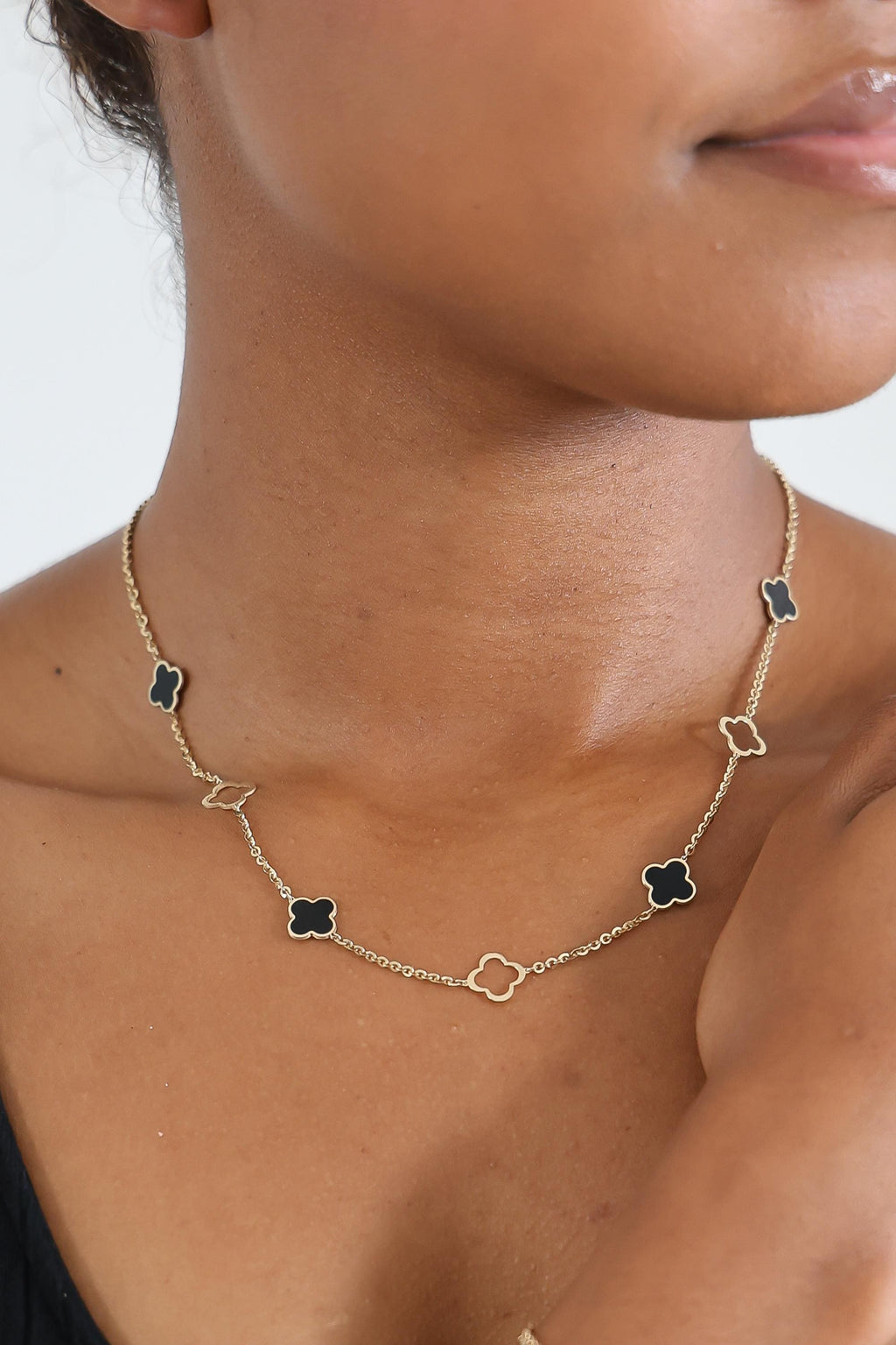 "Black Enamel Clover" Necklace - 14k Solid Gold