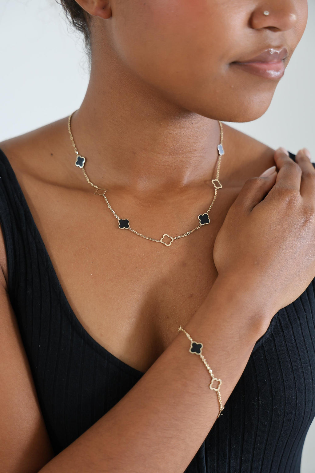 "Black Enamel Clover" Necklace - 14k Solid Gold