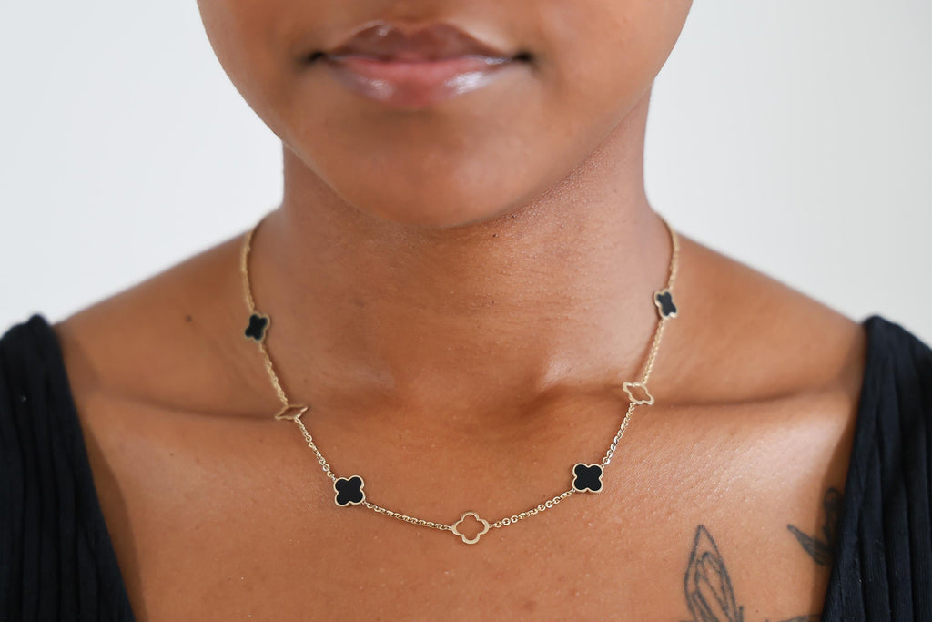 "Black Enamel Clover" Necklace - 14k Solid Gold
