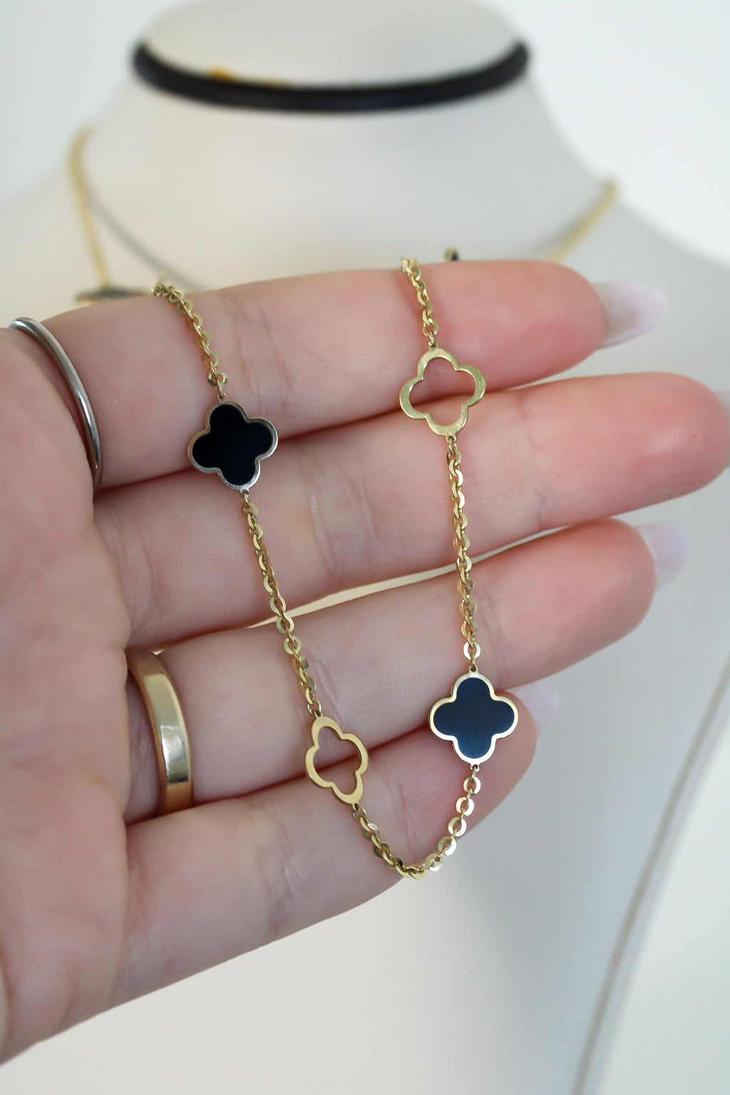 "Black Enamel Clover" Necklace - 14k Solid Gold