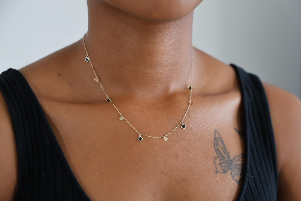 "Black Clover Dangle" Necklace - 14k Solid Gold