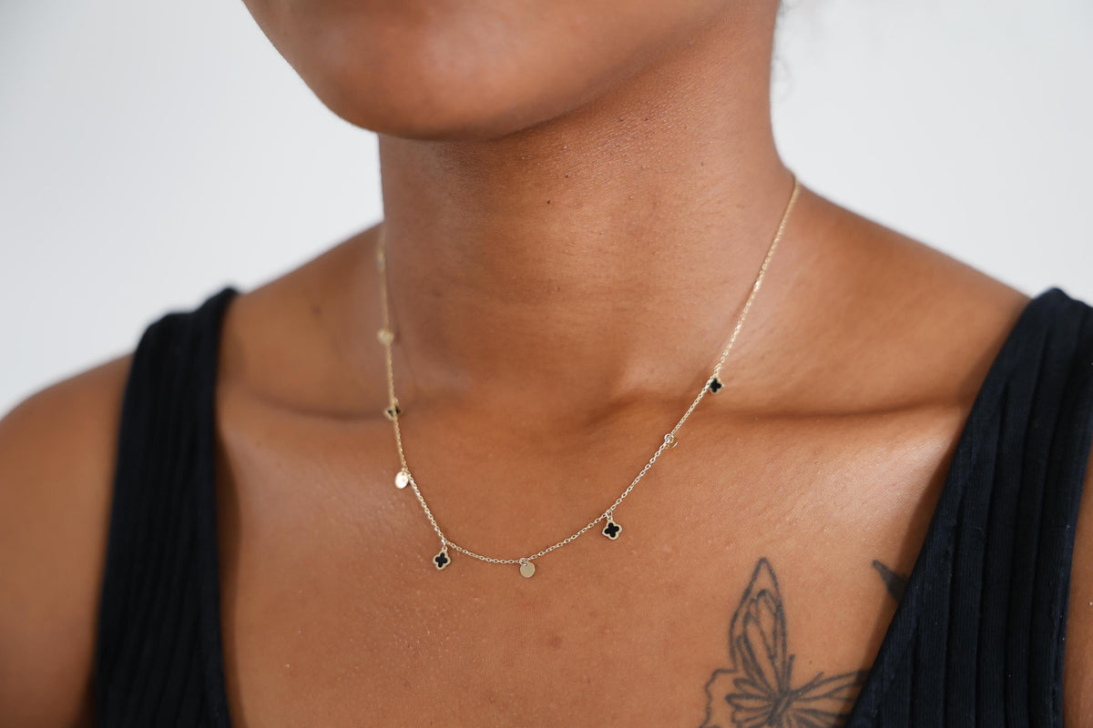 "Black Clover Dangle" Necklace - 14k Solid Gold