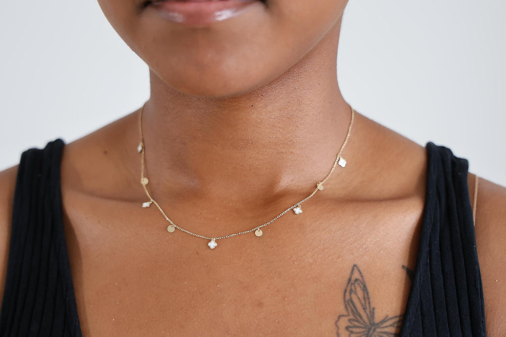 "White Clover Enamel" Necklace - 14k Yellow Gold