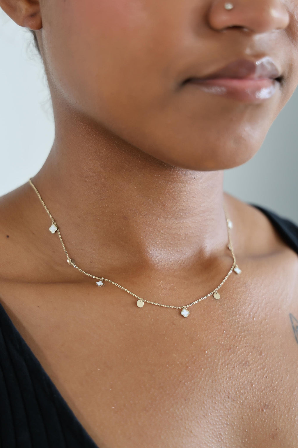 "White Clover Enamel" Necklace - 14k Yellow Gold