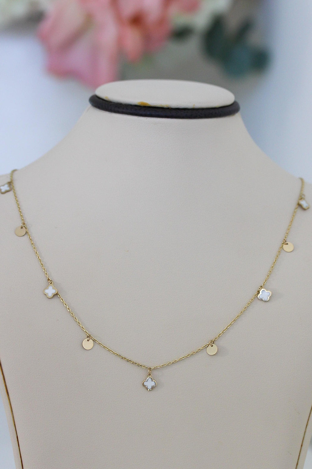 "White Clover Enamel" Necklace - 14k Yellow Gold